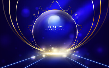 elegant blue stage background with golden curve lines and blue neon lines modern luxury award backdr