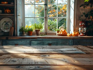 Canvas Print - Vintage Wooden Table with Cozy Country Kitchen Background Ideal for Handmade Crafts and Product Display