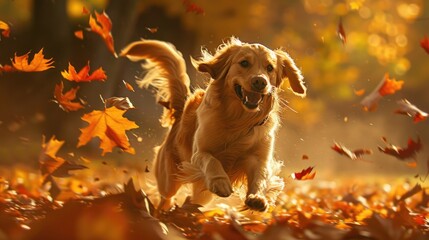 Wall Mural - A joyful pup romps through autumn leaves, scattering them in a flurry of fun.