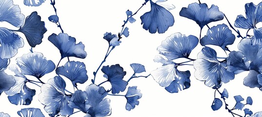 Poster - ginkgo in detailed indigo blue vintage hand drawn style, on a white background