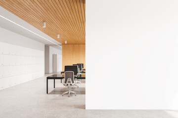 Wall Mural - Office space with desks and chairs, wooden ceiling, large white wall, concept of workplace mockup. 3D Rendering
