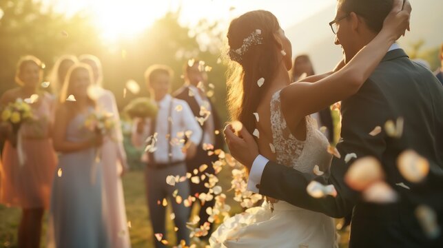 A bride and groom are embraced in a tender moment during their wedding celebration as guests toss confetti around them in the glowing sunset