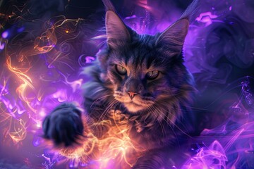 Wall Mural - Maine Coon Cat Casting Spells with Glowing Purple Magic