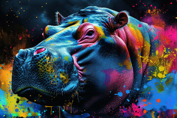 hippo in neon colors in a pop art style