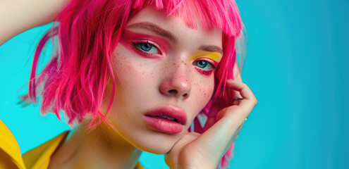 Sticker - Close-up portrait of a fashionable woman with neon pink hair, posing in a studio against a blue background, wearing a yellow top and white collar