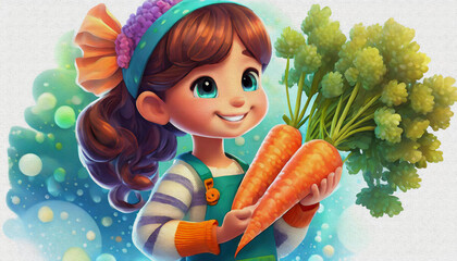 Wall Mural - oil painting style CARTOON CHARACTER CUTE Little kid girl holding a carrots in his hands.,