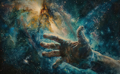 Wall Mural - Closeup of Jesus hand reaching out to touch a human finger, with galaxies and stars in the background