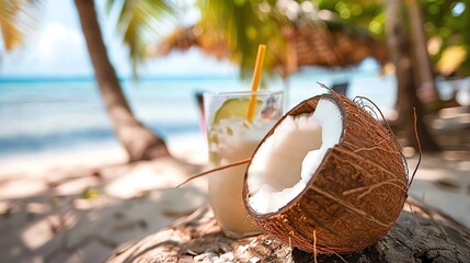 Poster - This is a beautiful image of a coconut drink on a beach. The coconut is cracked open and a straw is sticking out of it.