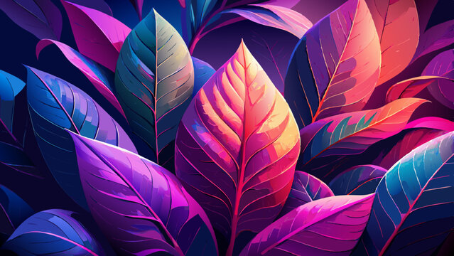 Vibrant Digital Illustration of Exotic Neon Leaves