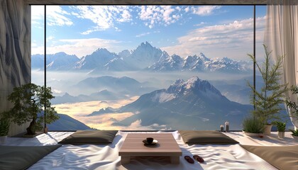 Poster - mountain top meditation room, over look a beautiful mountain range, relaxation throughout the room