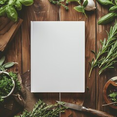 Wall Mural - blank white book cover mockup on an Italian kitchen table surrounded by fresh herbs