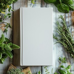 Wall Mural - blank white book cover mockup on an Italian kitchen table surrounded by fresh herbs