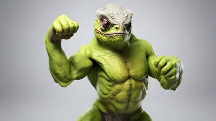 Muscular Anthropomorphic Chameleon Fist Pumping in Fierce Fighting Pose on White Studio Background