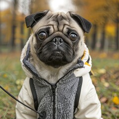 Canvas Print - portrait of a pug dog in sport clothes, walking in the nature, eastern european style park