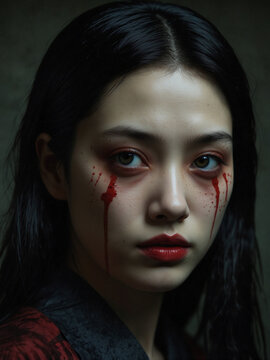 Mysterious Woman with Dramatic Makeup and Blood Tears on Dark Background
