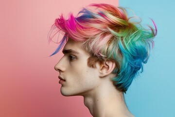 Canvas Print - pretty rainbow hair man in studio