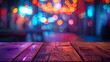 © Prasanth - Empty wooden table with neon light bokeh background, night view, blurred bokeh lights background, generative ai
