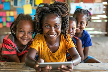 A group of young girls are smiling and holding a tablet. They are all wearing yellow shirts. Scene is happy and playful