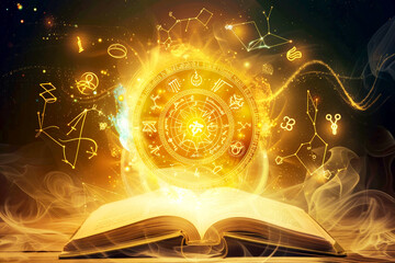 An open book emanating golden light with mystical symbols, representing magic and knowledge.