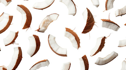 A close-up image of several coconut pieces falling against a white background. The coconut pieces are fresh, with their white flesh and brown husk visible