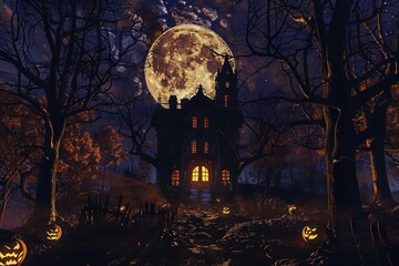 Poster - Spooky Haunted House Silhouetted Against Full Moon