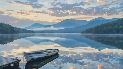 Sticker - Boat is resting on the lake with mountains in the background. The sky combined with blue and pink creates a serene and peaceful atmosphere