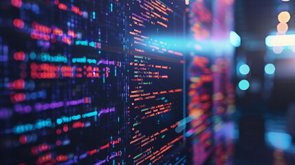 Colorful Computer Code Displayed on Monitor Screen in Dark Room