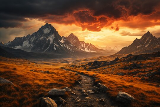 a beautiful landscape with mountains, sunlight, dramatic sky with clouds, beautiful nature for background