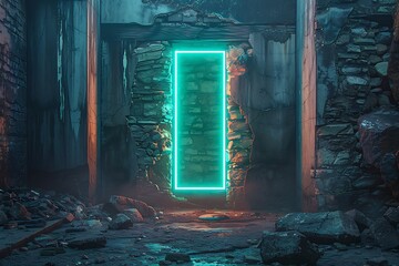 Poster - A green neon sign is lit up in a dark room. The sign is surrounded by rocks and rubble, giving the impression of a desolate,