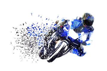 Canvas Print - Motorcycle rider on road motorbike. Moto racing, low poly isolated vector illustration, distortion effect