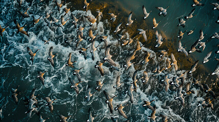 Wall Mural - a colony of geese flying over the sea