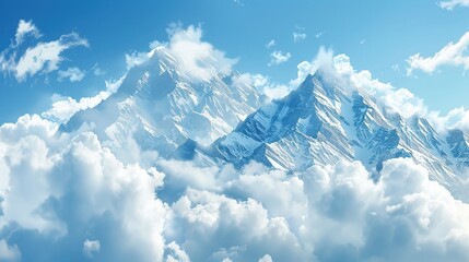 Wall Mural - Sky is blue and cloudy with snow-capped mountains in the background. The fluffy and white clouds give the view a peaceful and serene atmosphere