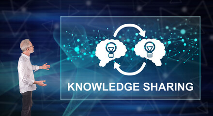 Poster - A knowledge sharing concept explained by a businessman on a wall screen