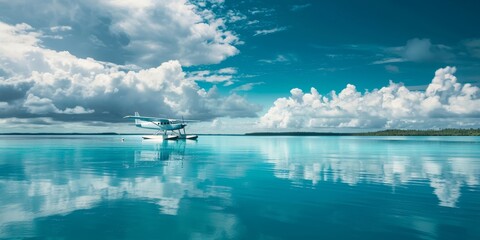 Sea plane taking off from a calm, turquoise lagoon generated by AI