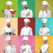 © New Africa - Collage with photos of professional chefs on different color backgrounds