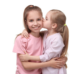 Poster - Portrait of cute little sisters on white background