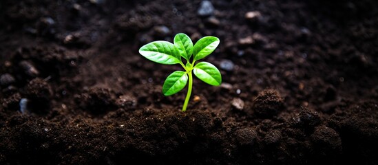 Poster - A seedling flourishing in fertile soil, symbolizing ecology, with top view copy space image.