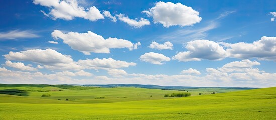 A serene landscape under a picturesque blue sky with fluffy white clouds floating above vibrant green and yellow fields, ideal for a copy space image.