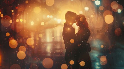 Poster - A couple kissing in the dark with bokeh lights around them, AI