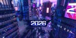 © Riverland Studio - neon sign with the year number “2026” in a futuristic city, modern new year card design