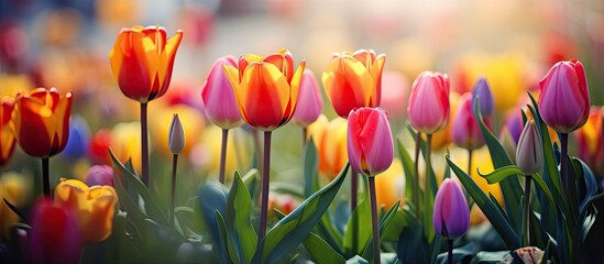 Wall Mural - A lovely arrangement of colorful tulip flowers in a garden during spring with a soft focus, close-up shot, with a copy space image.