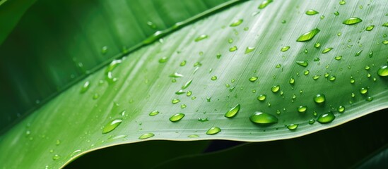 Wall Mural - A genuine nature background featuring a green banana leaf with water droplets, ideal for a copy space image.