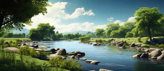 Wall Mural - Scenic view with a river, trees, and copy space image.