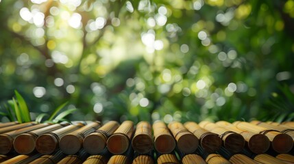 Wall Mural - Bamboo platform podium over green nature background. Natural background with bamboo platform podium for product display with sunlight and blurred green leaves bokeh.