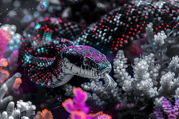 Wall Mural - Neon Bright Sea Snake Portrait | Black and White Palette