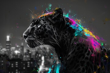 Wall Mural - Urban Cityscape in the Background Neon Bright Panther Portrait