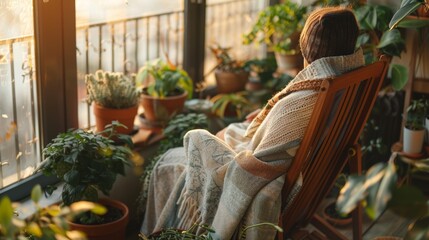 Wall Mural - A woman sitting in a chair looking out the window at potted plants, AI