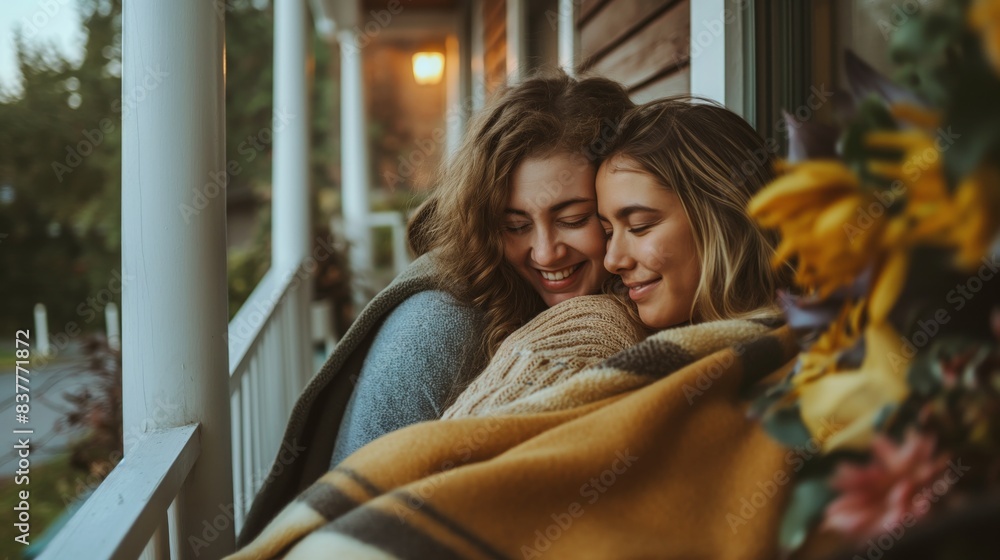 Intimate scene of two women sharing an embrace on a porch, wrapped in a ...