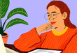 © Westend61 - Thoughtful woman sitting with hand on chin using laptop against purple background