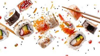 Delicious sushi rolls on a white background. Vibrant colors create a fresh look. Perfect for food blogs and restaurant promotions. AI
